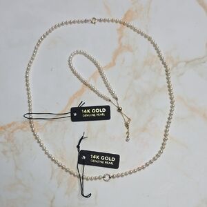 14K Gold Genuine Pearl Necklace and Bracelet Set